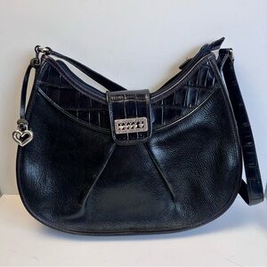 BRIGHTON Black Glazed Leather Croc Trim Shoulder Purse with Silver Hardware